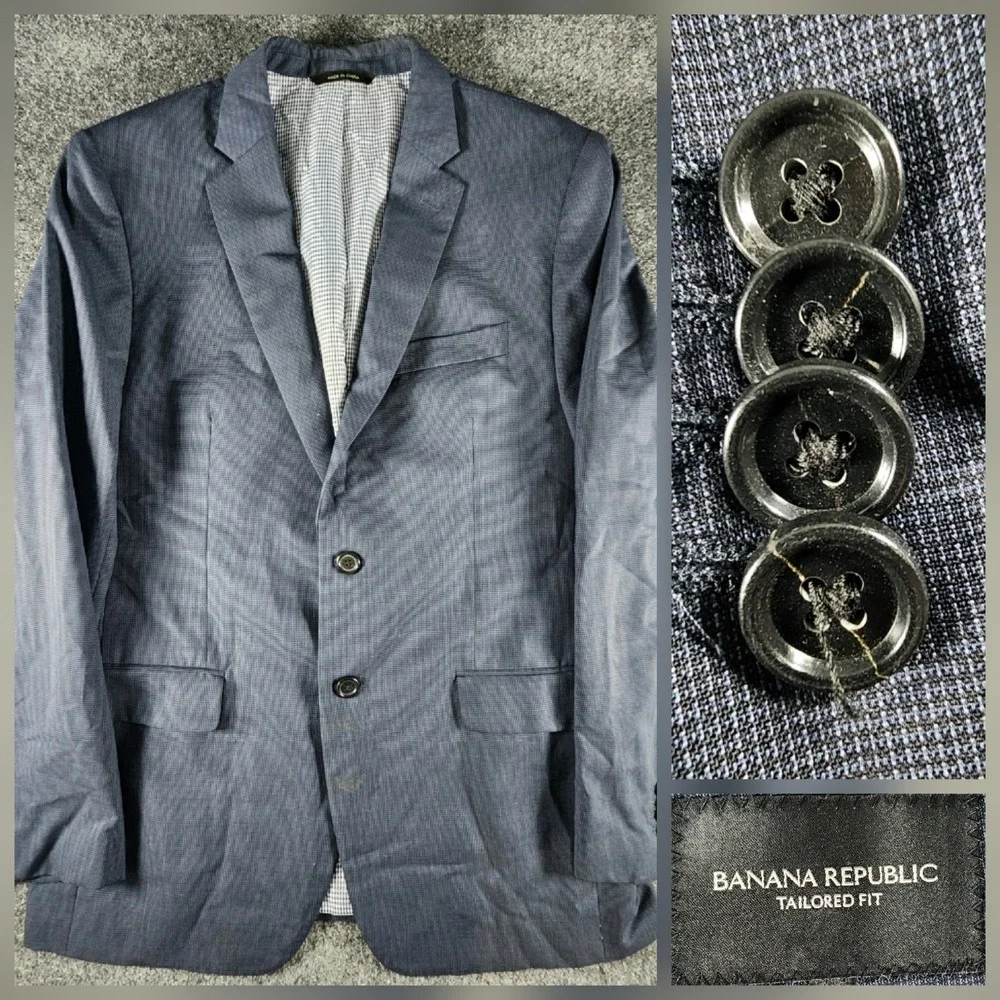 Banana Republic Mens 40R Tailored Fit Wool Blazer Blue Micro Check Sport Coat